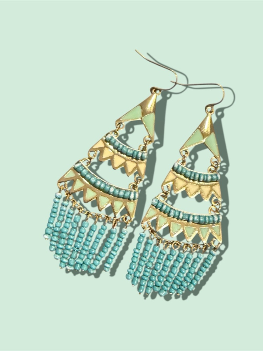 Gold and Mint Green Teardrop Fringe Beaded Earrings